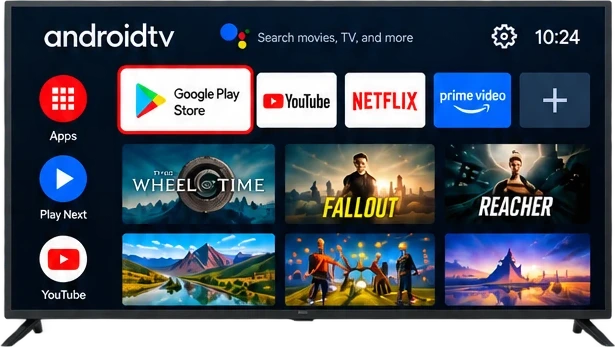 Android TV home screen with the Google Play Store app selected