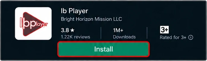 Ib Player app page in Google Play on Android TV with the Install button selected