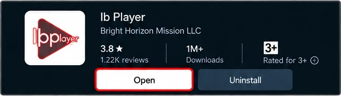 Ib Player installed on Android TV with the Open button selected
