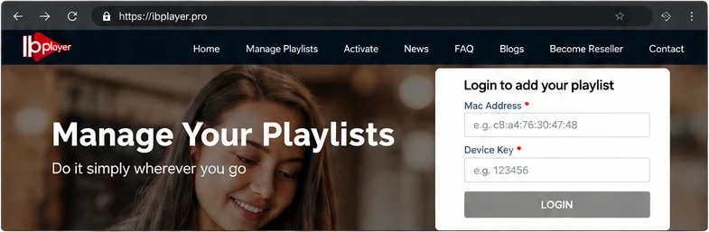 Ib Player website Manage Your Playlists login with MAC Address and Device Key fields