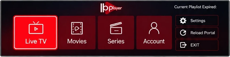 Ib Player home screen on Android TV with Live TV, Movies, Series and Account