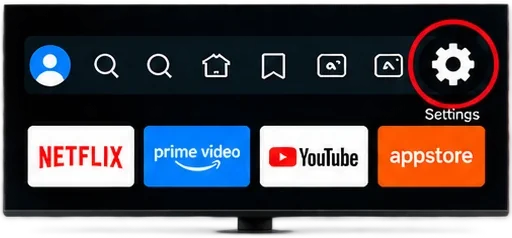 Fire TV home screen with the Settings gear icon selected