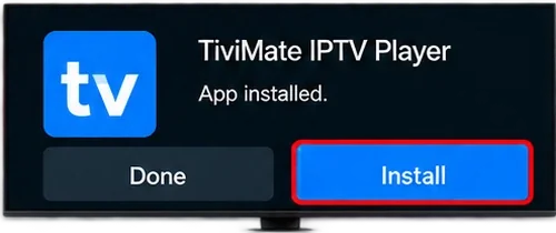 TiviMate IPTV Player install screen on Fire TV with the Install button selected