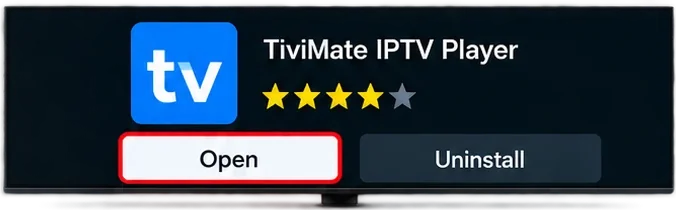 TiviMate IPTV Player installed on Fire TV with the Open button selected