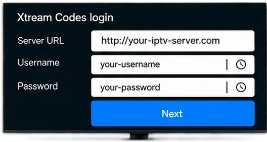 TiviMate Xtream Codes login form with Server URL, Username and Password fields