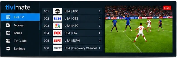 TiviMate on Firestick showing the IPTV USA live TV channel list with a live soccer match playing