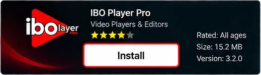 IBO Player Pro app page on a Smart TV with the Install button selected