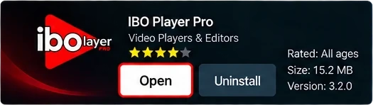 IBO Player Pro installed on a Smart TV with the Open button selected