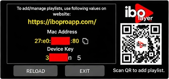 IBO Player Pro start screen on a Smart TV showing the MAC Address and Device Key