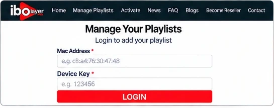 IBO Player Pro website Manage Your Playlists login with MAC Address and Device Key fields