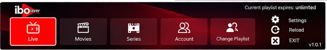 IBO Player Pro home screen on a Smart TV with Live, Movies and Series