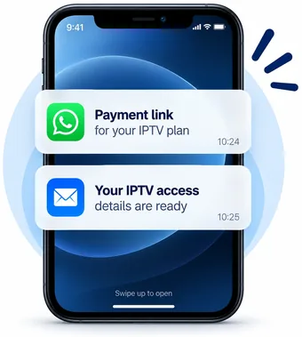WhatsApp payment link and email with IPTV USA subscription access details arriving on a smartphone