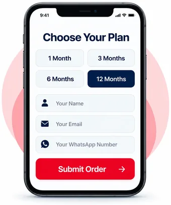 IPTV USA order form on a smartphone: choose a 1, 3, 6 or 12 month IPTV subscription and enter your name, email and WhatsApp number