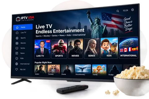 IPTV USA app on a smart TV showing live TV, sports, movies, series, news, kids and international channels